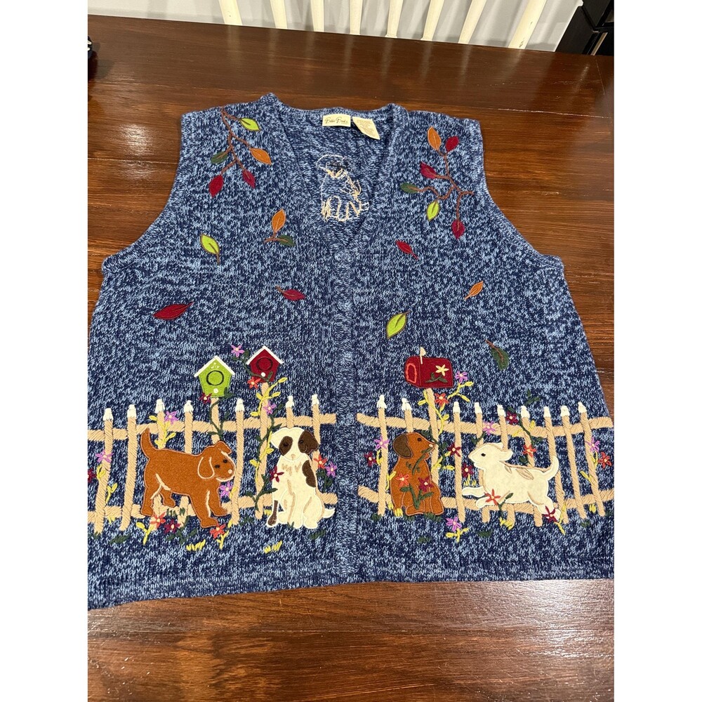 Vintage Bobbie Brooks Dog Sweater Vest 18W 20W Blue Embroidered Puppy Garden